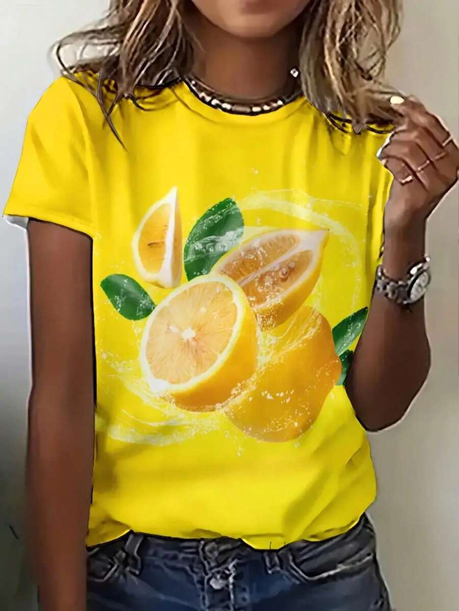 INAWLY Women Casual Loose Lemon Print Round Neck Short Sleeve T-Shirt - Multicolor - View 1