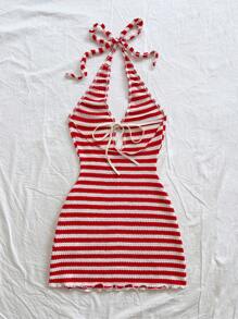 Soleia Nuevo vestido mini a rayas, estilo vacacional, sin espalda, color rojo - Rojo y blanco - Ver 2