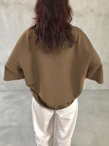 FRIFUL 女士宽松字母拼接圆领落肩休闲T恤超大码T恤 - 駝色 - 查看 7