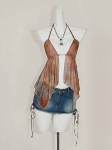 SHEIN ICON Damen Urlaubs Sexy Mesh Glockenärmel Neckholder Top Boho Abschluss Ostern Festival Flughafen, Rave Top, durchsichtiges Top