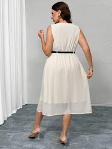 SHEIN Frenchy Plus Size Women Elegant Romantic Simple Chiffon Pleated Fitted A-Line Dress, With Detachable Black Belt, Summer - Beige - View 2