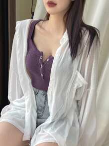 DAZY Women Crew Neck Slim Fit Single-Breasted Rib-Knit Casual Tank Top - Purple - View 4