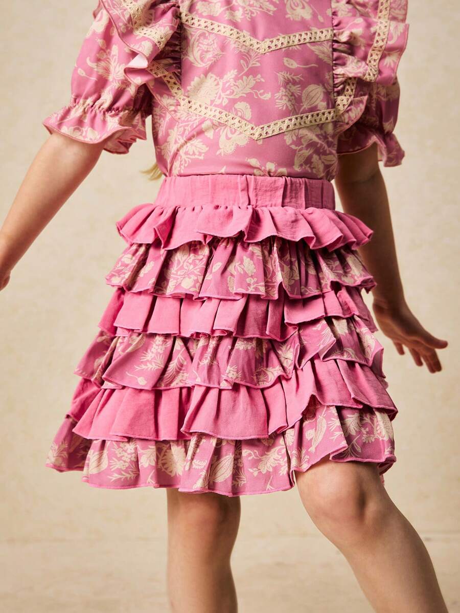 SHEIN Young Girls Elegant Pink Floral Print Cake Style Mini Skirt, Spring/Summer - Pink - View 1