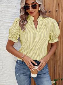 EMERY ROSE 女士休闲条纹泡泡袖度假衬衫 - 黃色 - 查看 3