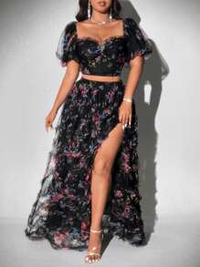 Viva Relle Plus Size Summer Black Elegant Romantic Holiday Print Patchwork Pleated Maxi Skirt Women Two Pieces Outfit, Wedding Guest