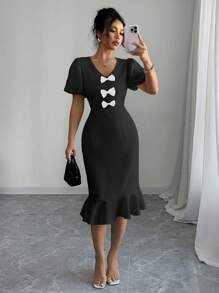 Elenzga Black Bow Ruffle Hem Puff Sleeve Elegant Dress For Women - Black - View 1