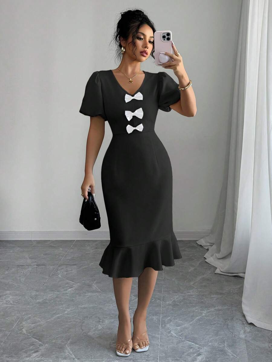 Elenzga Black Bow Ruffle Hem Puff Sleeve Elegant Dress For Women - Black - View 1