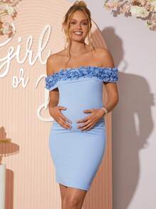 Loomaby Pregnant Women Solid Color 3D Floral Decor Off-Shoulder Fitted Dress,Gender Reveal Dress,Baby Shower Dress,Maternity Dress - Blue - View 5