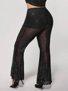SHEIN ICON Quần ống rộng lưới sequin bạc cỡ lớn - Đen và trắng - Xem 5