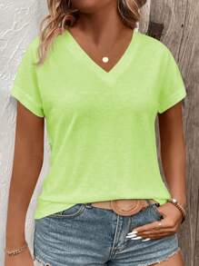 INAWLY Plus Size Women's V-Neck Short Sleeve Patchwork Cuff Casual Versatile T-Shirt, Spring/Summer