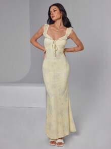 Breezaya 女士夏季花卉印花荷叶边下摆连衣裙，度假节日连衣裙，适合休闲、通勤、约会 - 黃色 - 查看 5