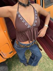 SHEIN EZwear Western Music Festival Boho Brown Embroidered Knit Halter Neck Blouse For Women - Coffee Brown - View 5