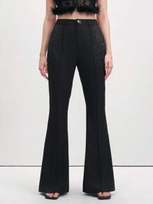 SHEIN LUNE Women Professional Black Business Trousers With Flared Rhinestone Decor