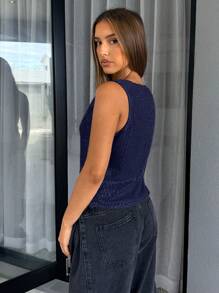 SHEIN Essnce Áo ba lỗ hở vai đính sequin buộc phía trước thời trang dành cho nữ, mùa hè - Màu xanh hải quân - Xem 2