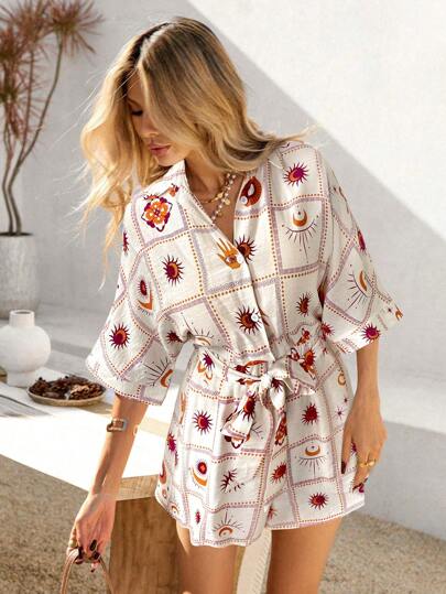 Vivid Eden Women's Sun Print Batwing Sleeve Waist Tie Casual Shirt Romper,Vacation Outfits For Women,