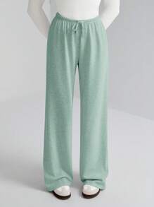 SHEIN Tall Women's Solid Color Drawstring Waist Soft Knit Loose Casual Pants, Fall/Winter , Baggy Pants - Green - View 5