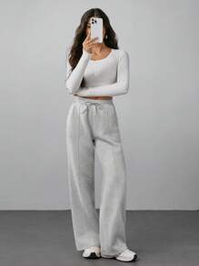 SHEIN Tall 女士秋季卡其色卵石缝线细节直腿运动裤