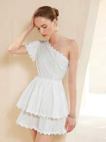 Aveloria Rosie Shoulder Strap Floral Lace Splice Solid Color Short Sleeve Dress Elegant FashionableOld Money Style  ROMANTIC Style Inspiration For Summer - White - View 2