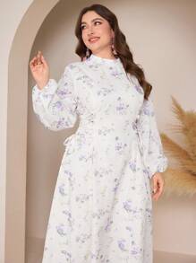 Graceveil Plus Size Elegant Ditsy Floral Lantern Sleeve Dress