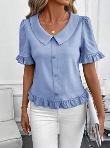 SHEIN Clasi Blusa casual de unicolor con botones al frente y mangas cortas para mujer, para uso diario, salir, verano - Neblina azul - Ver 5