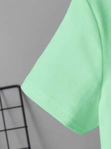 SHEIN Young Girl' Basic Round Neck Short Sleeve Green Solid T-Shirt - Green - View 3