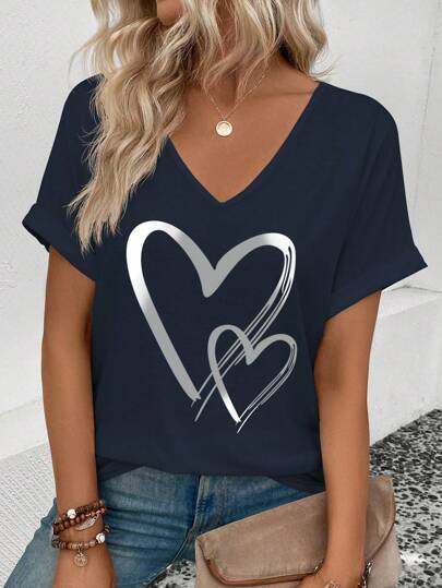 SHEIN Women's V-Neck Heart Print Casual Short Sleeve T-Shirt, Summer
