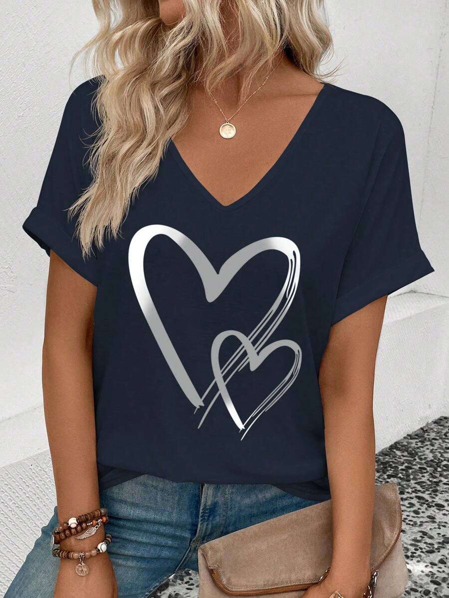 SHEIN Áo thun nữ tay ngắn cổ chữ V in hình trái tim, mùa hè - Màu xanh hải quân - Xem 1