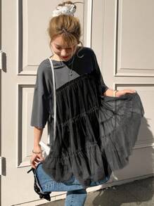 FRIFUL Women's Contrast Color Mesh Splicing T-Shirt, 2 In 1 - Black - View 7
