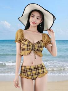 DAZY Women Summer Beach Plaid Pattern Puff Sleeve Drawstring Ruffle Bow & Solid Trim Swimsuit Set,Tankini Bathing Suit - Multicolor - View 6