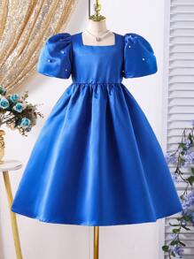 Vestido elegante de fiesta para niña preadolescente con espalda abierta, diseño hueco en forma de corazón, manga abullonada y cuentas