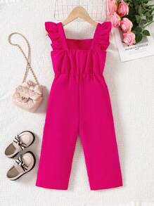 Young Girl' Ruffle Trim Wide Leg Jumpsuit, Summer - Hot Pink - View 2