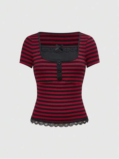 Fairycore 1 pezzo Maglietta aderente da donna stile vintage Y2K con strisce e bordo in pizzo a contrasto