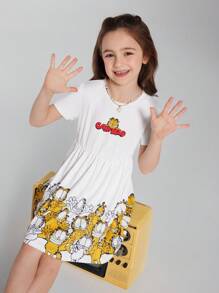 GARFIELD | SHEIN 年轻女孩卡通猫咪印花休闲可爱短袖连衣裙 - 白色 - 查看 6
