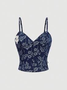 SHEIN MOD Women's Summer Casual Jacquard 3D Floral Decor Camisole Denim Top