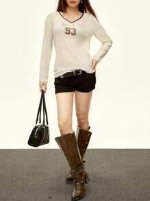 Rina Fox 女士字母与数字印花长袖休闲 T 恤 - 杏色 - 查看 4