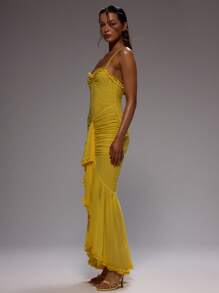 MUSERA Spaghetti Strap Thin Strap Ruffle Trim Gathered Drape Front Elegant Maxi Dress For Spring Summer Vacation Wedding Guest Graduation Formal,Summer Dresses For Women