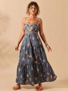 Sunserae 大码女式松紧腰花卉印花连衣裙，波西米亚风度假西装 - 綠色 - 查看 3