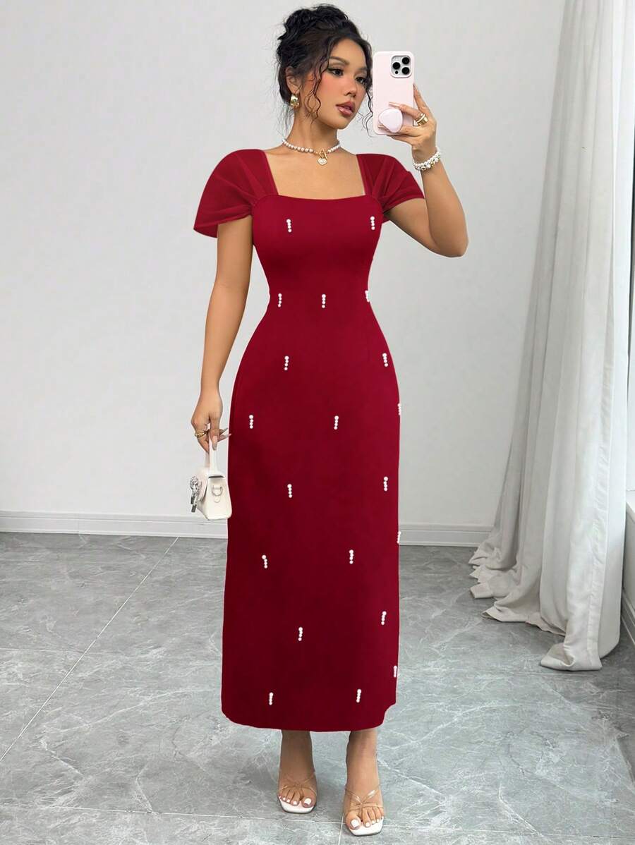 Elenzga Women's Elegant Midi-Length Pearl Embellished Dress, Spring/Summer - Burgundy - View 1
