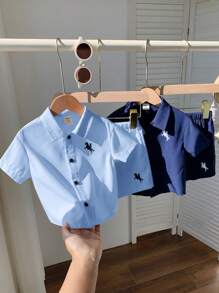 4pcs/Set Baby Boy Summer Blue Colorblock Animal Print Knit Soft Collar Short Sleeve Shirt & Elastic Waist Shorts Outfit, Suitable For Vacation, Daily, School - Multicolor - View 5