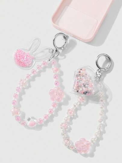 Kawaii 2pcs Delicate Fashionable Luxury Handmade Beaded Faux Pearl Faux Crystal Glow-In-The-Dark Cherry Blossom Transparent Sequin Heart & Bunny Ear Pendant Gift Set With Phone Strap, Suitable For Sisters, Best Friends, Couples, Daily Wear, Holiday Gift