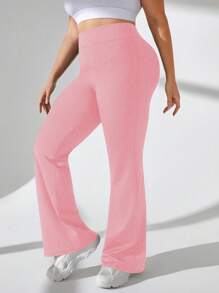 Easithlete Plus Size Casual Solid Color High Waist Flared Sports Pants - Pink - View 6