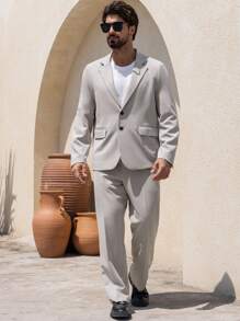 DAZY 2pcs Men Solid Color Blazer Jacket And Pants Suits,Fall Clothes - Khaki - View 5