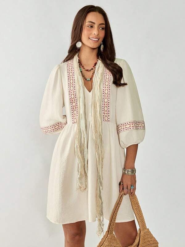 Florisole Apricot Elegant Jacquard Ribbon Midi Sleeve Short Women's Dress