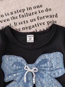 Elladie kids 2 件装女孩黑色短袖 T 恤上衣搭配蓝色闪亮蝴蝶结细节和工装裤套装，夏季 - 黑色 - 查看 8