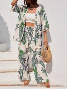 Breezaya 2 pezzi/set Donna Vacanza Stampa floreale di anacardi Kimono con nappe a 3/4 maniche e pantaloni, completo casual