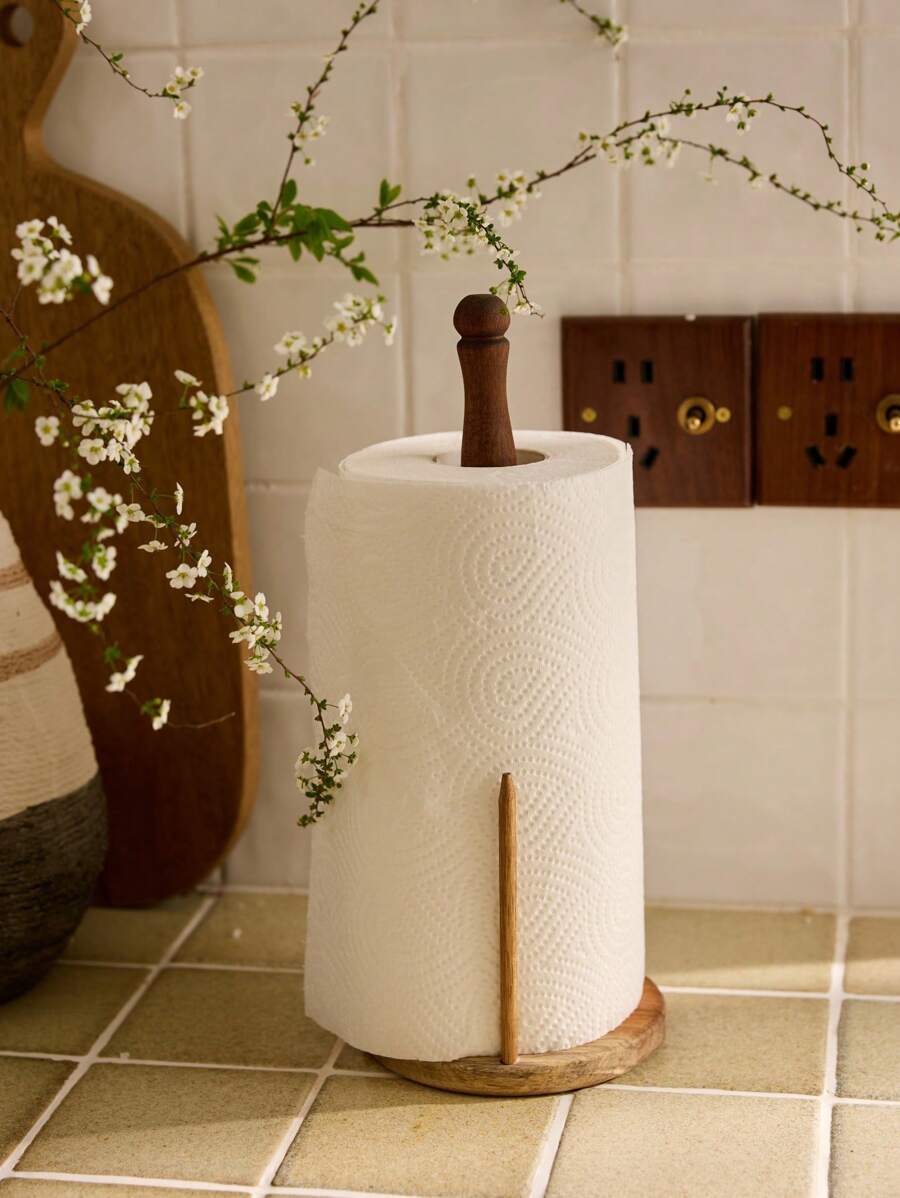 Cirelle 1pc Kitchen Paper Towel Drawer Organizer Roll Paper Holder Wooden Paper Holder Cling Film Organizer Vertical Roll Paper Holder - Brown - View 1
