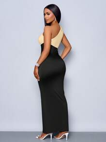 SOLERSUN Abito da donna elegante e sensuale con spalla scoperta, senza maniche, con contrasto di colori, arricciature e spacco sulla coscia, adatto per la primavera e l'estate