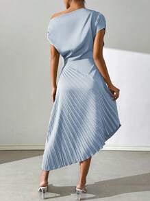 Chiquease Women's Summer Elegant Green Open Shoulder Dress With Pleated Panel Maxi Satin Women Outfit - Baby Blue - View 2