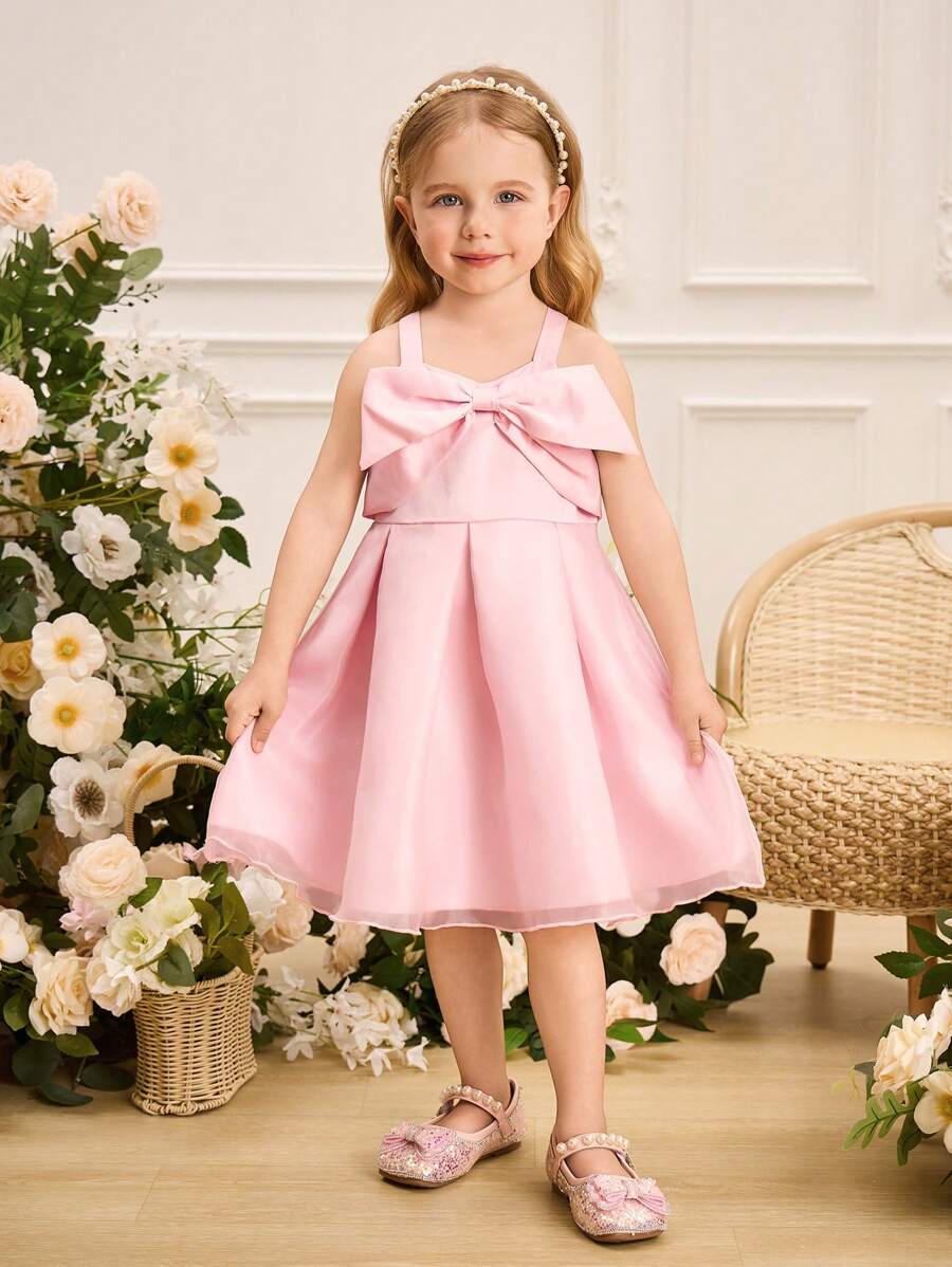 SHEIN Glamorique Kids Vestido de dama de honor con flores para niñas, vestido de niña de las flores, elegante, con moño, vestido de verano para niñas, adecuado para ocasiones formales, eventos, actuaciones en el escenario y recitales de piano - Rosa - Ver 1