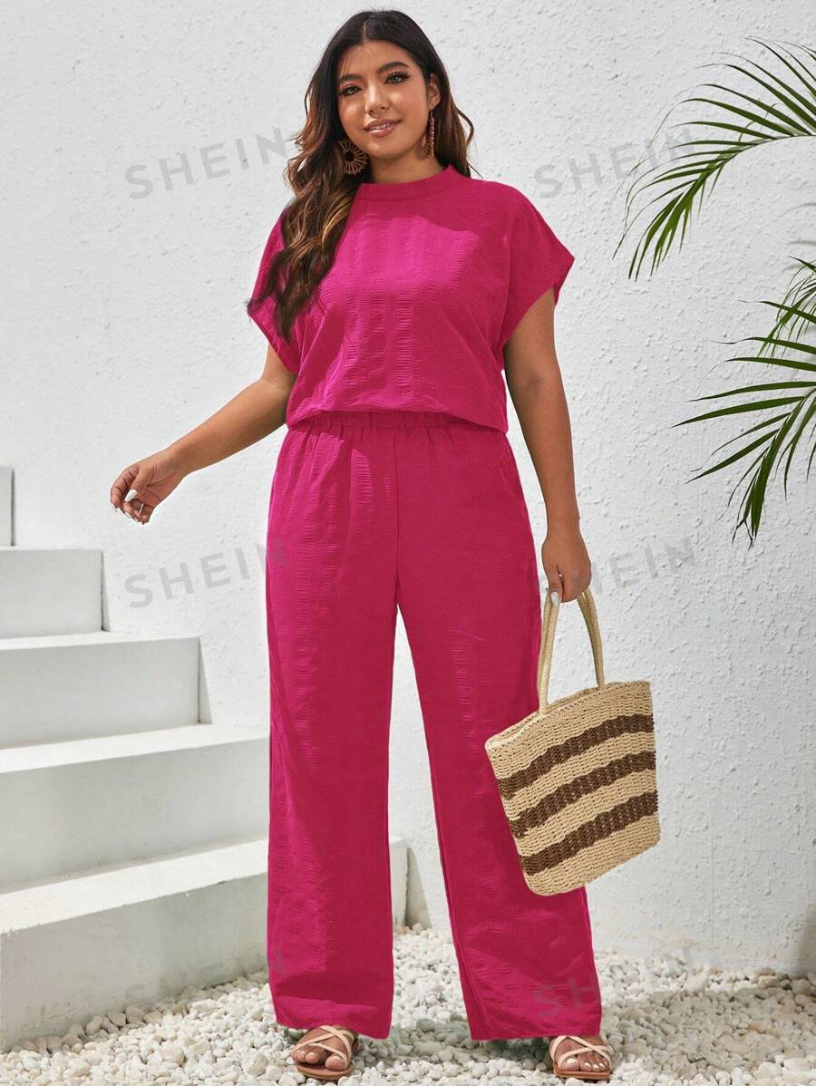 SHEIN VCAY Camiseta de manga de murciélago y pantalones de pierna ancha de verano de talla grande